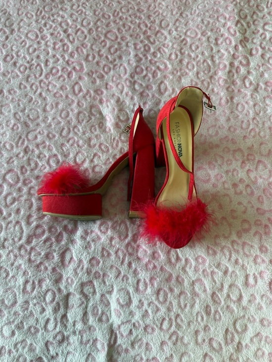 Fashion Nova Shoes - Fashion Nova Red Feather Strap Heels